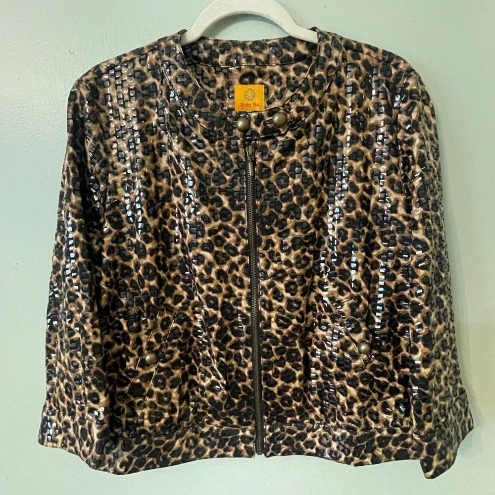 Ruby Rd Brown Leopard Sequin Girls Jacket Kids 12 Animal Print Zip Up